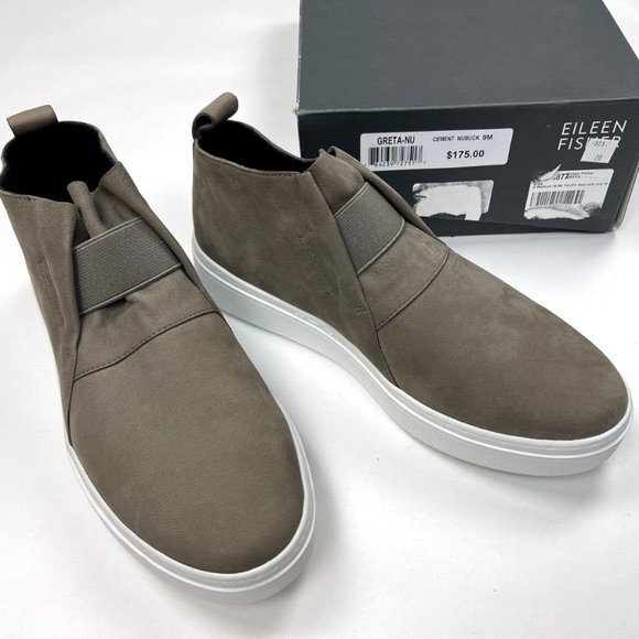 Eileen Fisher Greta Platform Sneaker Women 9M $175 Cement Nubuck Leather Elastic